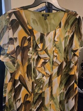 Apt. 9 Olive, Mustard & Brown Ruffle-Front Short Sleeve Blouse